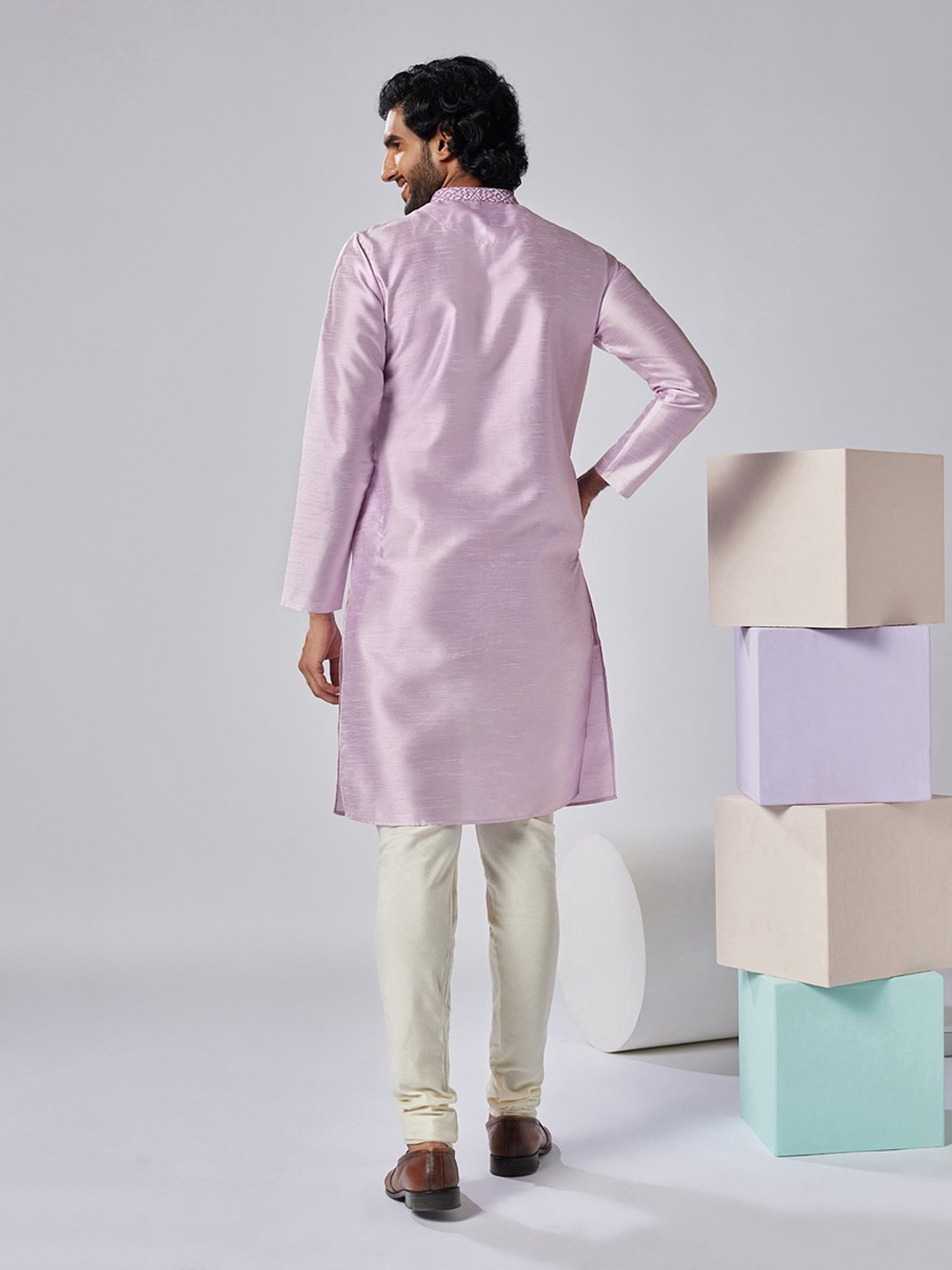 KISAH Lavender & Cream Regular Fit Embroidered Kurta & Churidar Set