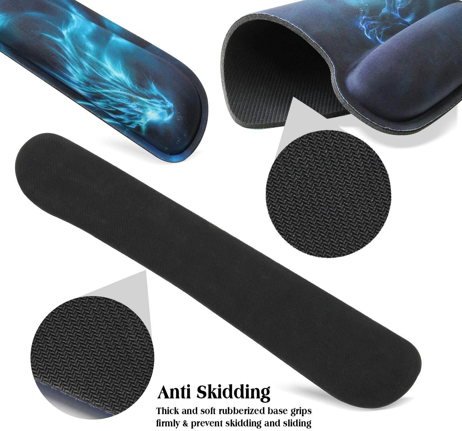 Meffort Inc Mouse Pad Wrist Support & Gaming Keyboard Wrist Pad Combo Set &ndash; Durable Ergonomic Anti Slip Non-Slip Square Base Rest Support - Blue Dragon Design