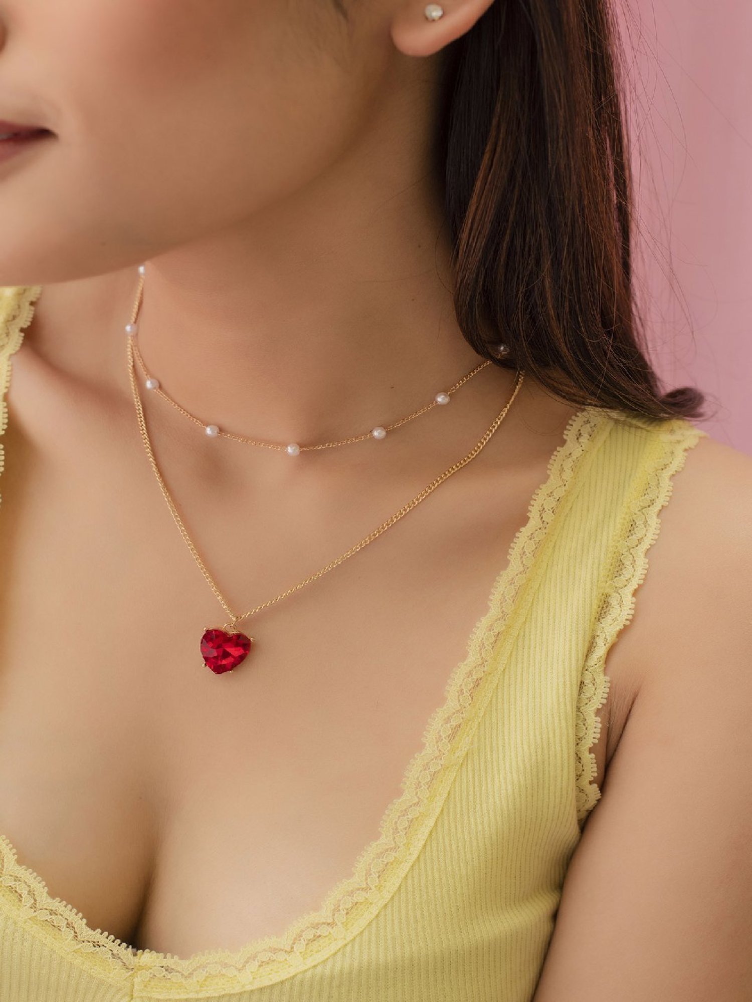 Jewelz Layered Chain Necklace With Heart Shaped Pendant and Pearls for Girls & Women