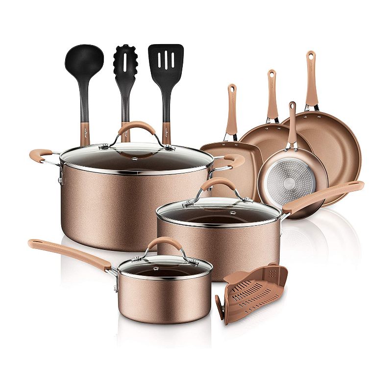 NutriChef Metallic Nonstick Ceramic Cooking Kitchen Cookware Pots and Pan Set with Lids, Utensils, and Cool Touch Handle Grips 14 Piece Set, Bronze