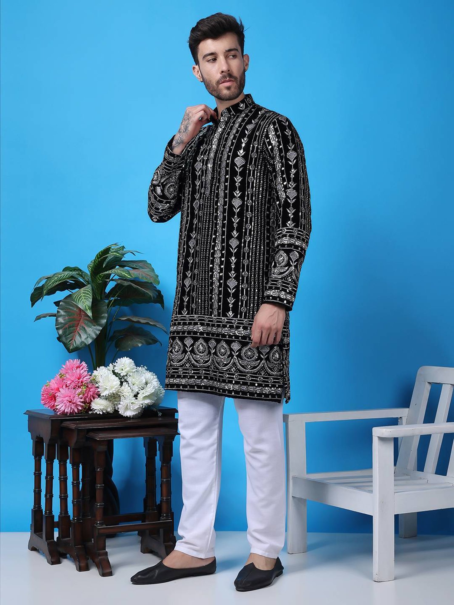 Sanwara White Regular Fit Chikankari Kurta & Churidar Set