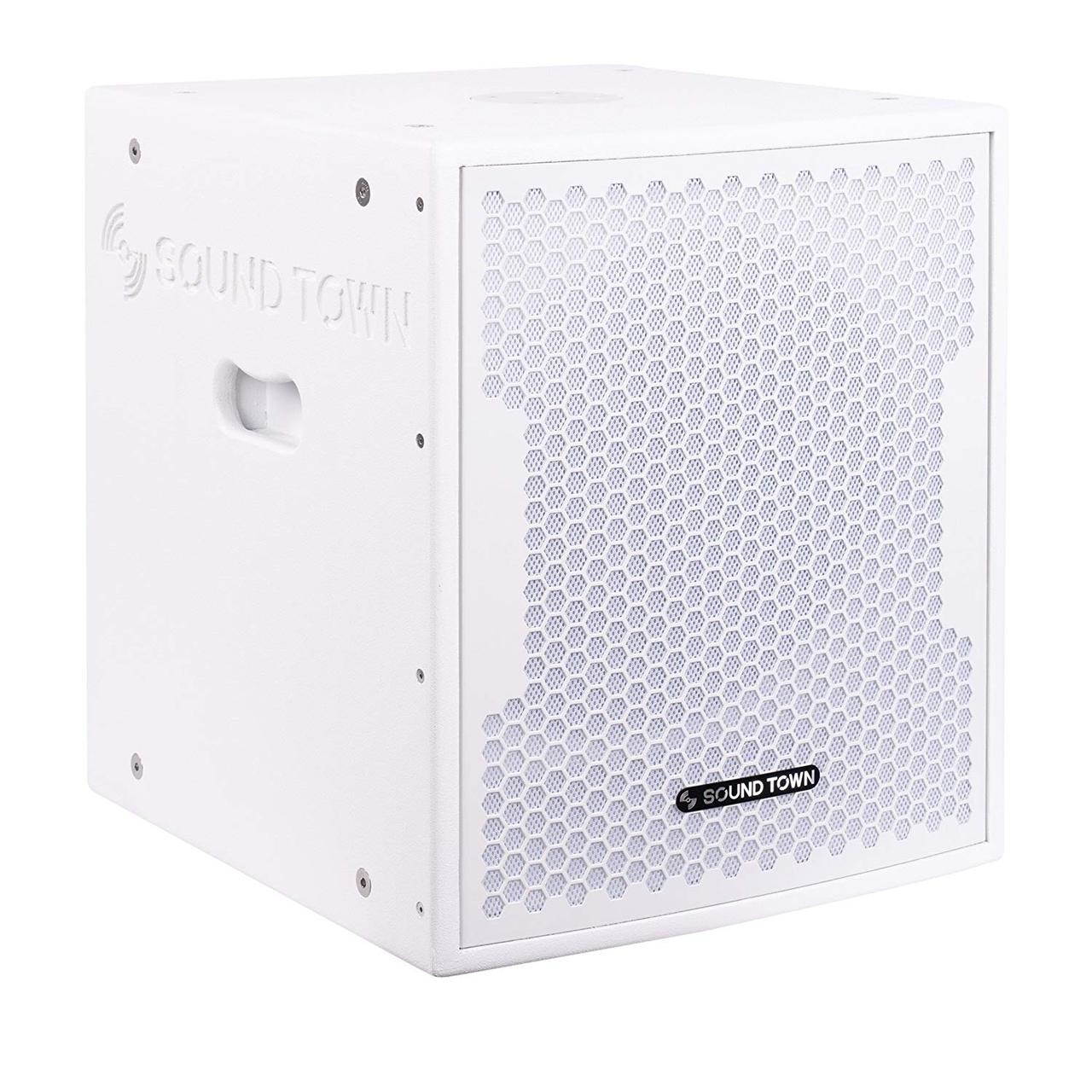 Sound Town CARME Series Powered PA Speaker and Subwoofer Combo Set with One 12&rdquo; PA Speaker, One 15&rdquo; Subwoofer, One Subwoofer Pole, White