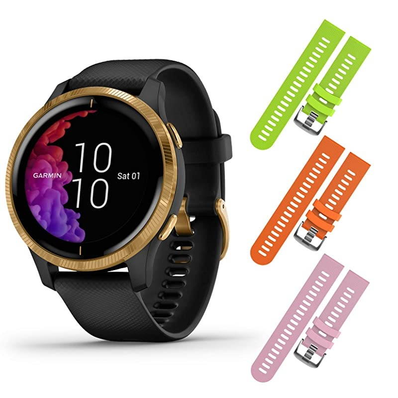 Garmin Venu GPS Smartwatch with AMOLED Display and Included  3 Straps Bundle (Black/Gold, Lime/Orange/Pink)