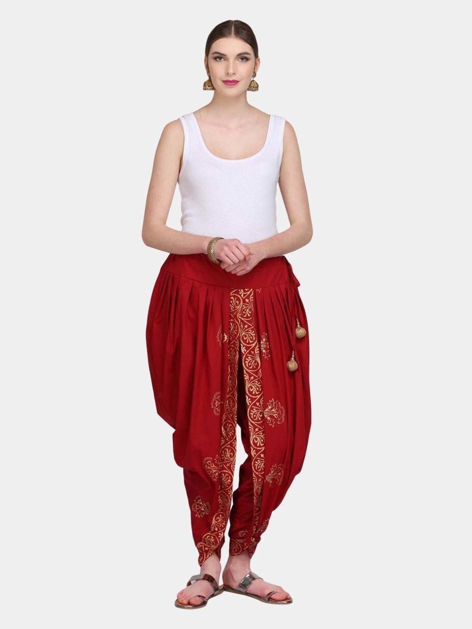 Kaanchie Nanggia Red Cotton Printed Dhoti Pants