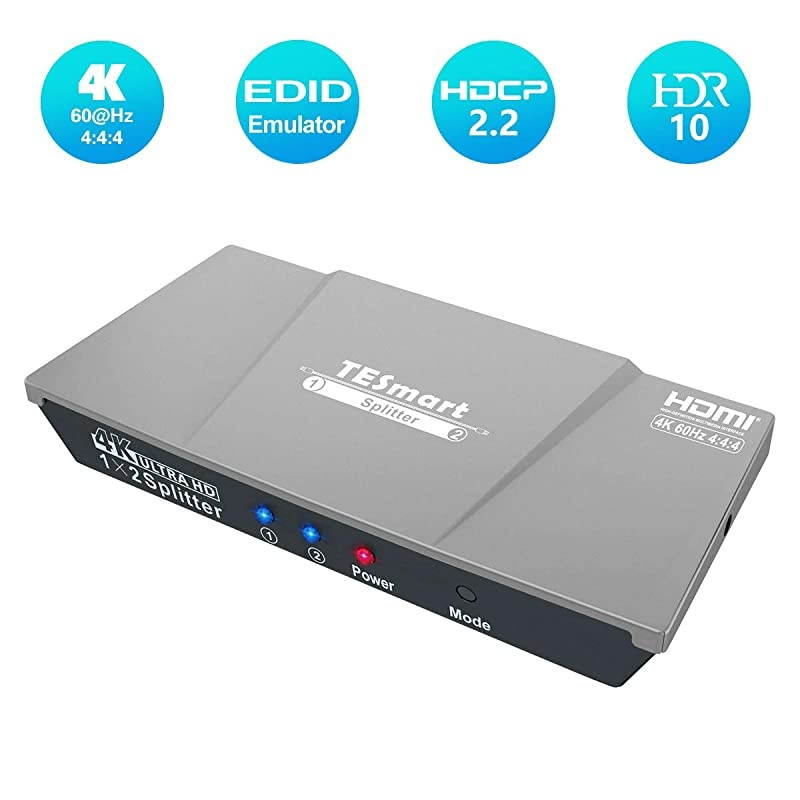 HDMI Splitter 1 Input 2 Output 4K@60Hz 4:4:4 Ultra HD Dual Monitors Compatible with PC PS3 PS4 Xbox-HDMI, HDCP 2.2, HDR, RGB, YUV, 18 Gbps(Grey)