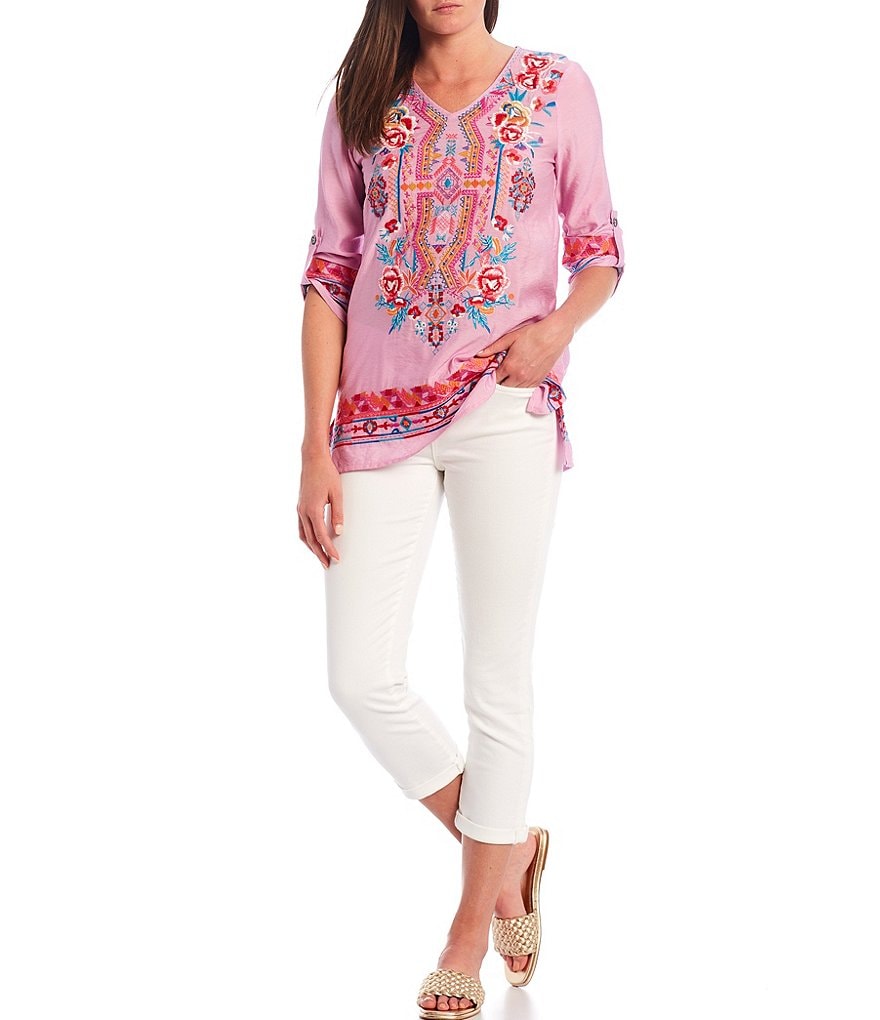 Calessa Border Floral Embroidery V-Neck Tunic