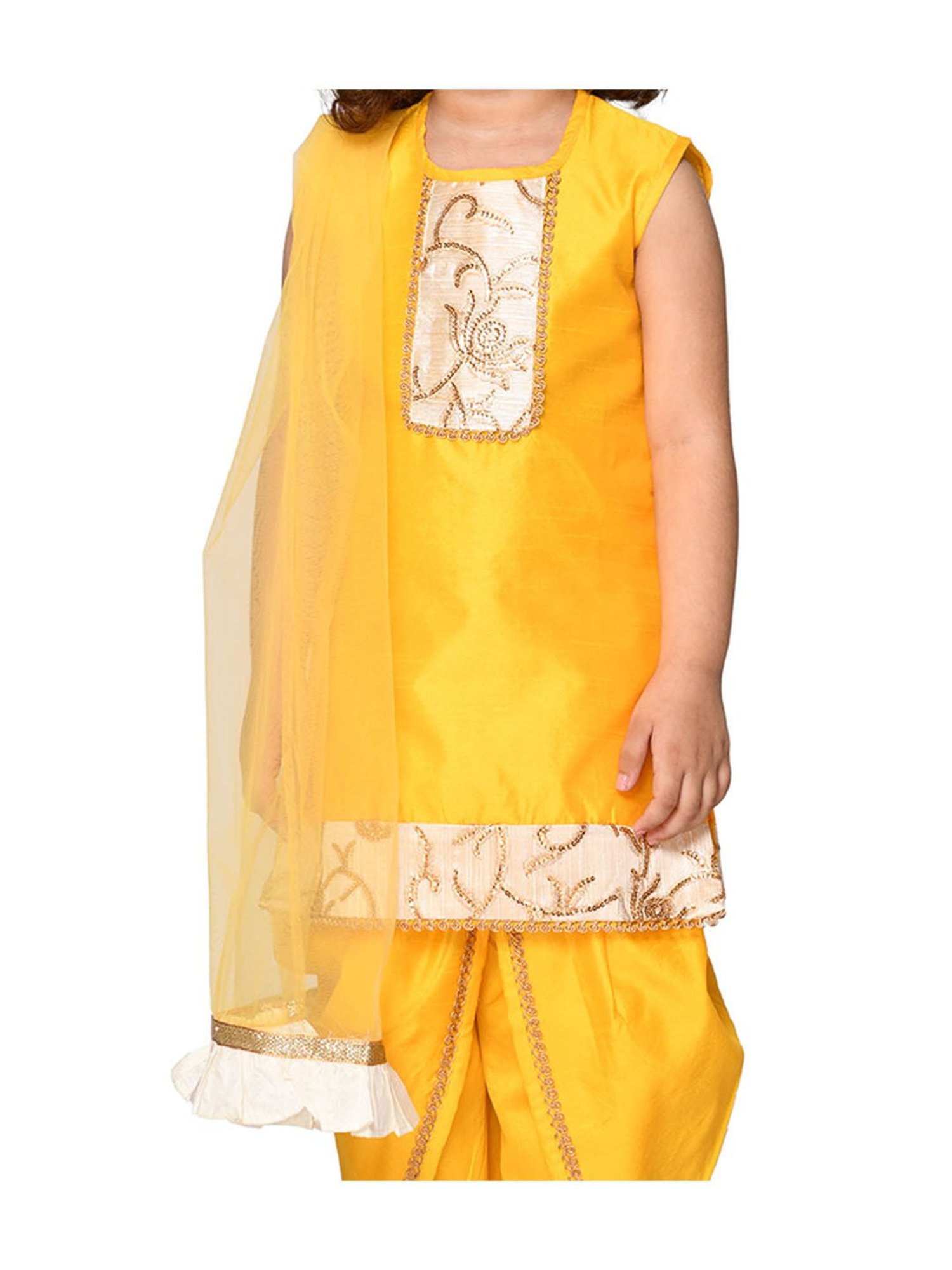 Saka Designs Kids Yellow & Ivory Embroidered Kurta with Dhoti & Dupatta