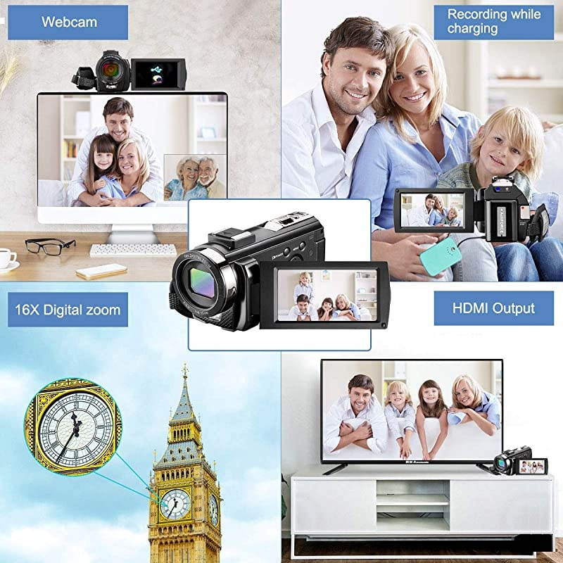 Video Camera Camcorder with Microphone,  FHD 1080P 30FPS 24MP Vlogging Camera Recorder 3.0 Inch 270&deg; Rotation Screen 16X Zoom Camcorder Webcam Recorder with Remote Control and 2 Batteries