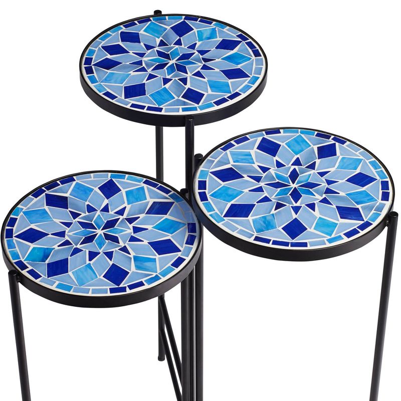 Teal Island Designs Blue Mosaic Black Iron Set of 3 Accent Tables
