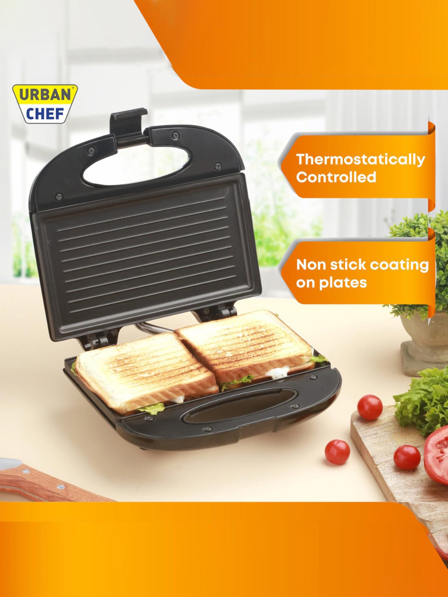 Urban Chef Sandwich Maker 750W with Non Stick Coating, Cool Touch (Black)
