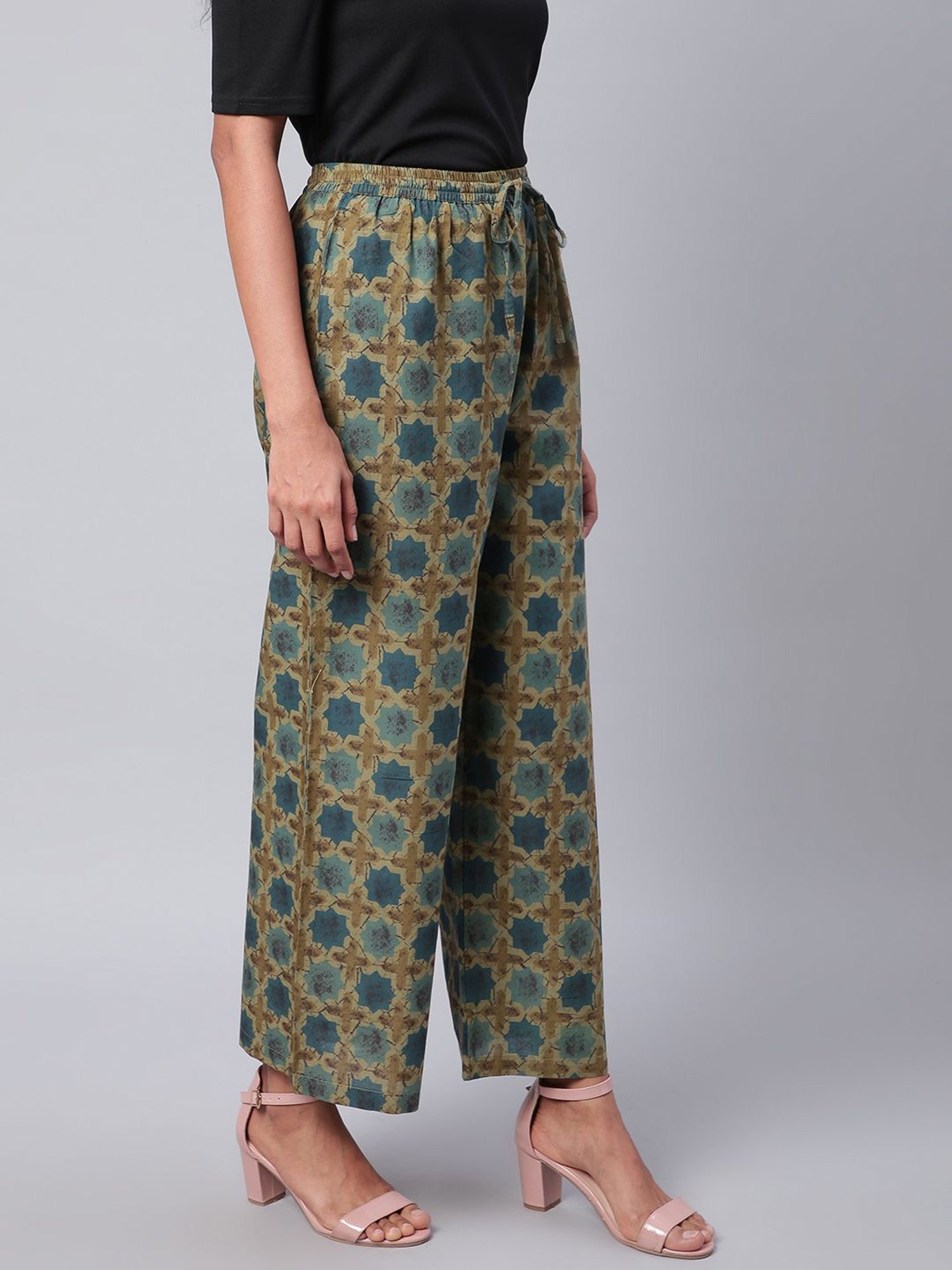 Sringam Green Cotton Printed Palazzos