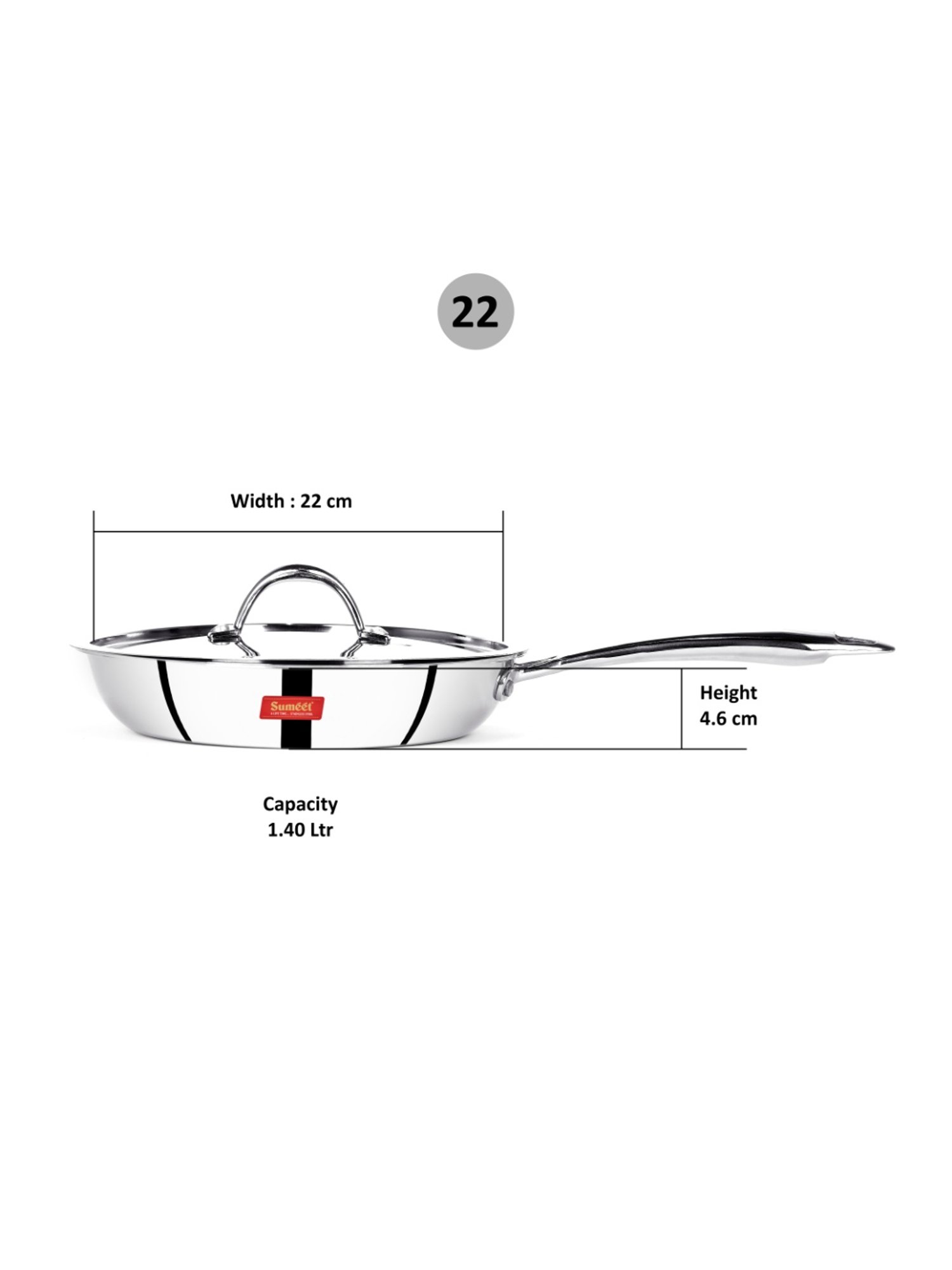 Sumeet Cook Smart TriPly SAS (Steel-Aluminium-Steel - 3 Layers) Fry Pan with Lid - 1.4 Ltr - 23.6Cm