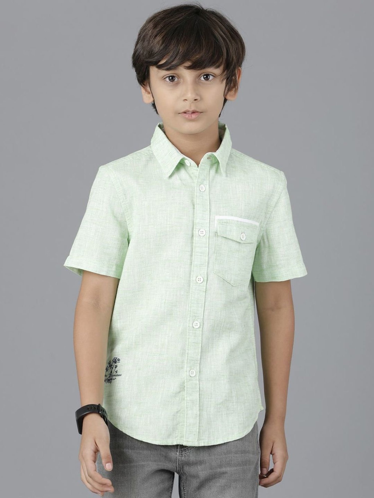 Under Fourteen Only Kids Green Cotton Self Shirt