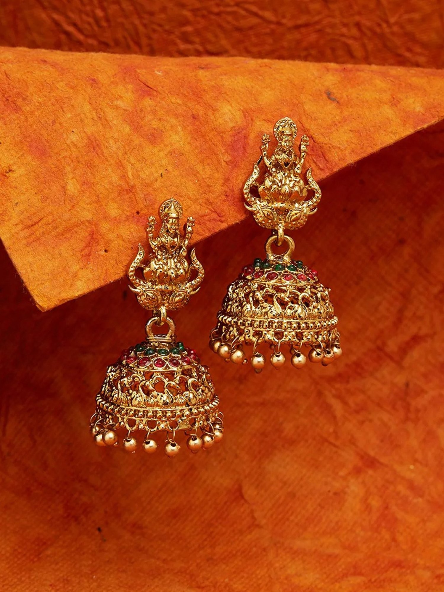Fida Lakshmi Temple Stone Red and Golden Jhumki