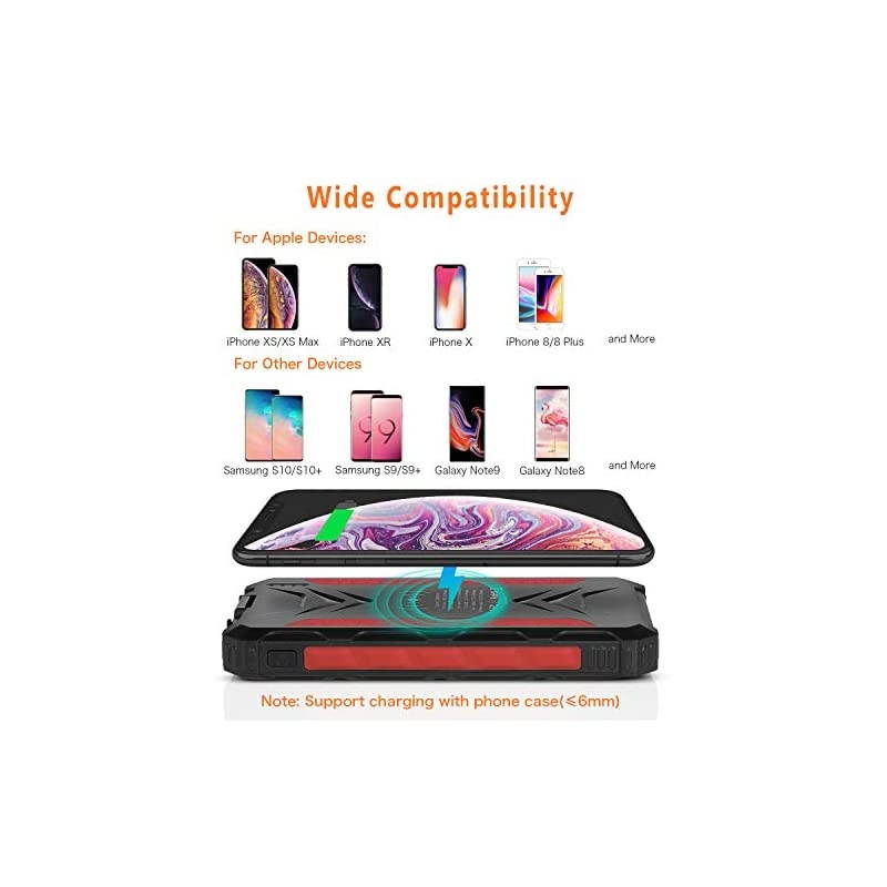 Charger, 20000mAh Power Bank Wireless Charger Portable External Battery Pack with 4 LED Light 3 Output Ports Carabiner IP54 Rainproof for Camping, Outdoor Activities (Black)