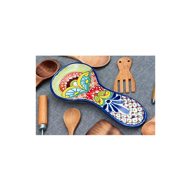 Hand Painted Large Talavera Ceramic Spoon Rest for Mexican Style Kitchen Decor Accesories Colorful Green Floral Design Utensil Holder