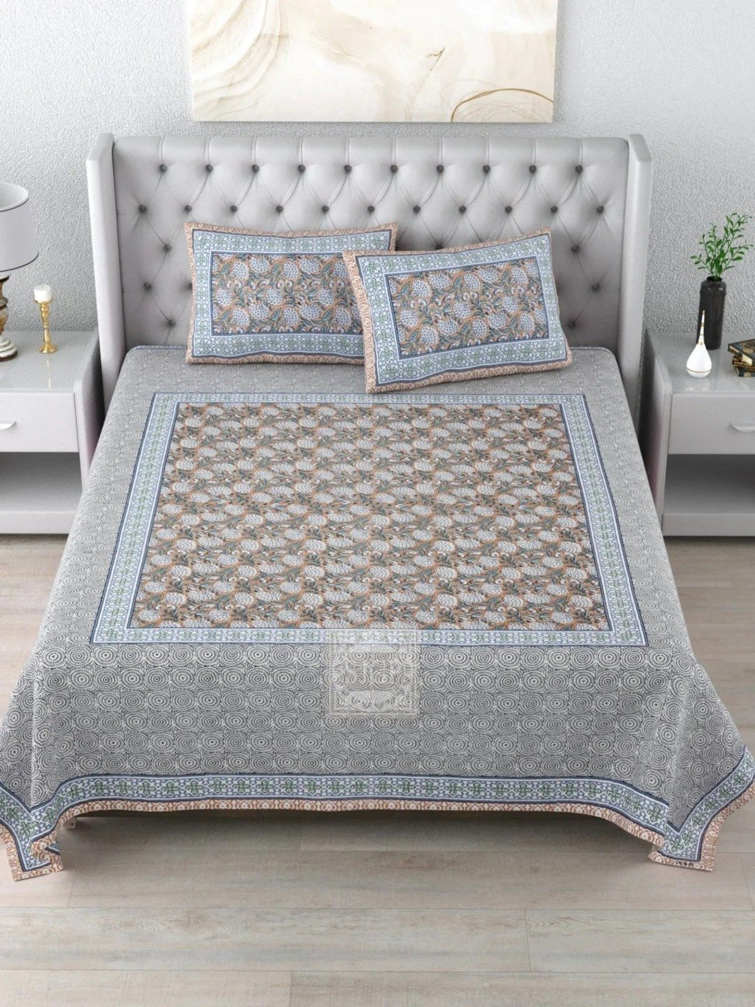 Living Roots Floral Blue 300 TC Cotton Bedsheet with 2 Pillow Covers