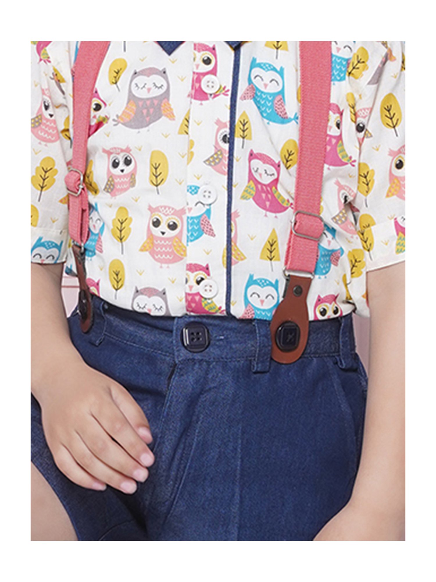 AJ Dezines Kids Pink & Navy Printed Shirt, Shorts, Suspender, Bow with Cap