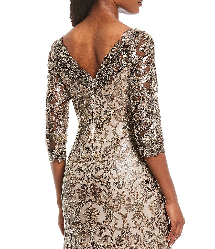 Tadashi Shoji Illusion Sleeve Boat Neck Sequin Corded Lace Gown