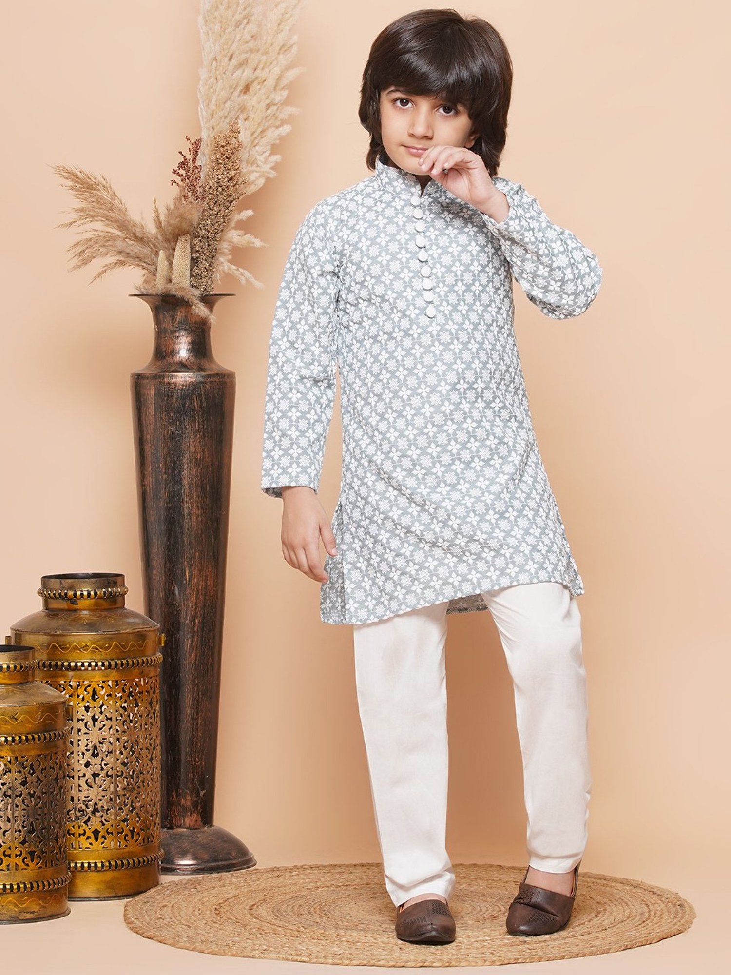 AJ Dezines Kids Grey & White Embroidered Full Sleeves Kurta with Pyjamas