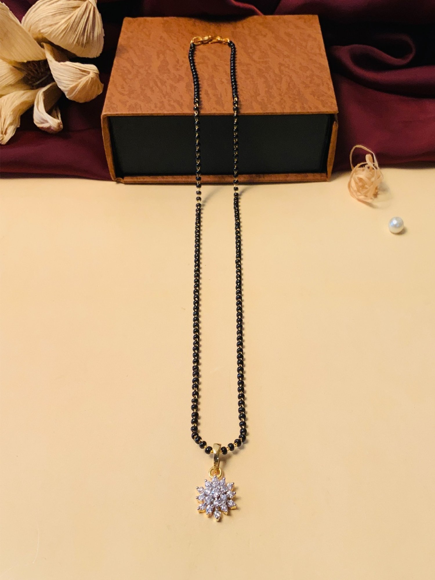 Abdesigns Gold-Plated American Diamond & Black Beaded Mangalsutra