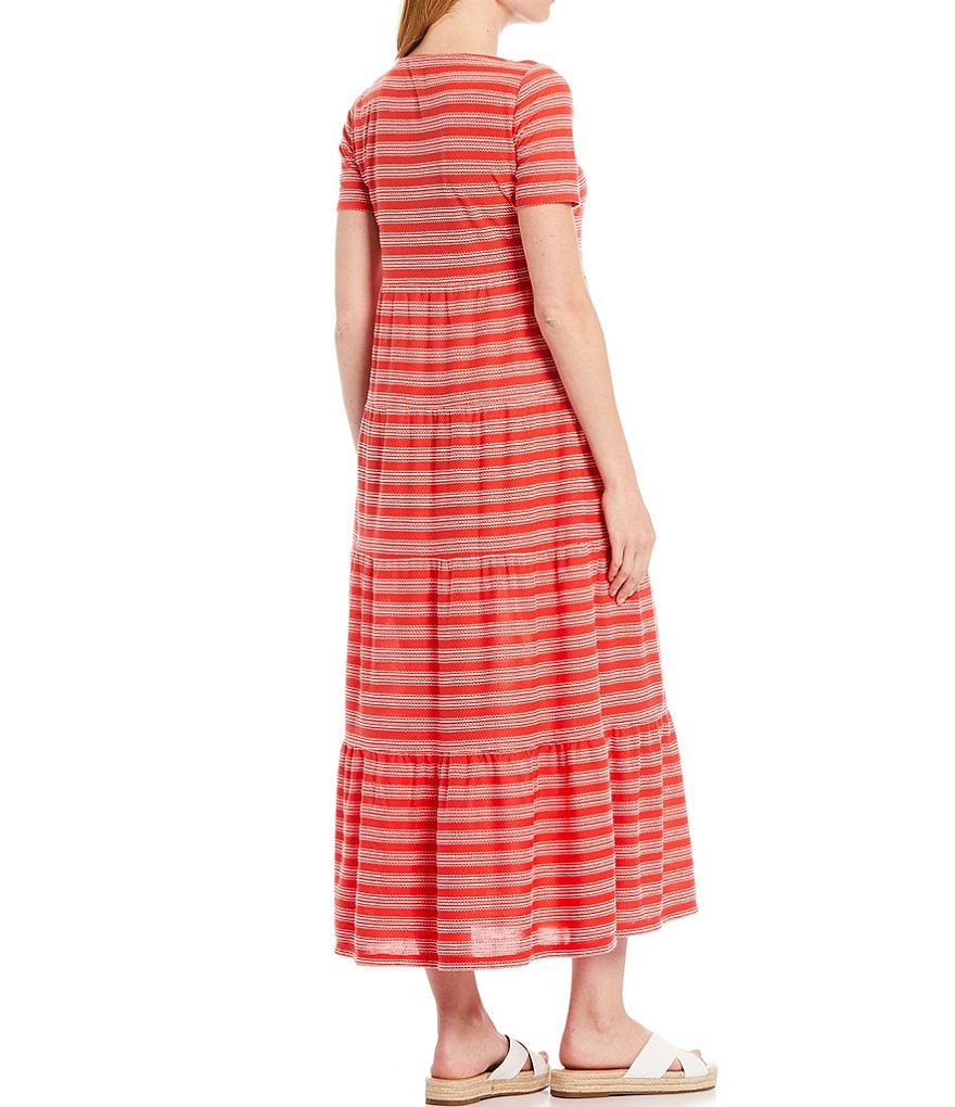 London Times Petite Size Striped Knit Short Sleeve Tiered Maxi Dress