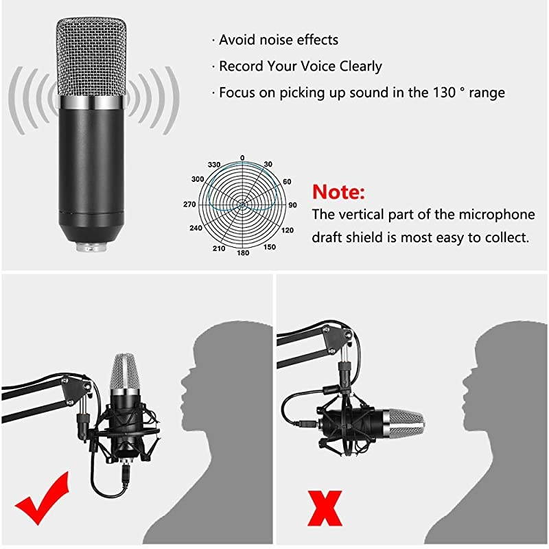 USB Streaming Podcast PC Microphone Professional Studio Cardioid Condenser Mic Kit with Sound Card Boom Arm Shock Mount Pop Filter for Skype Youtuber Gaming Recording