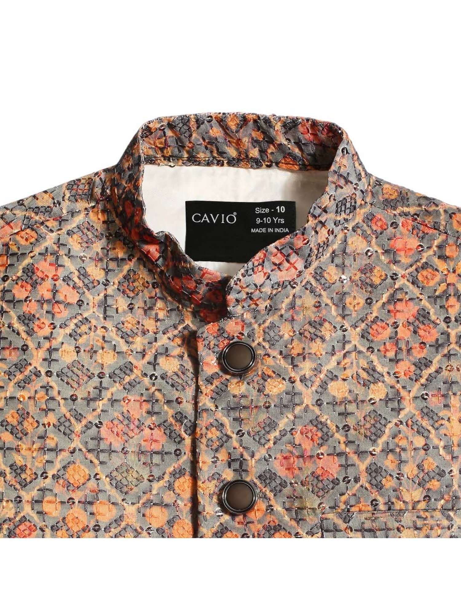 Cavio Kids Grey & Peach Cotton Embroidered Nehru Jacket