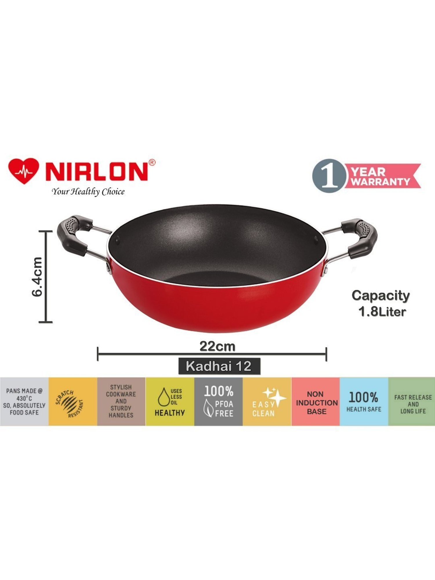 Nirlon Red Aluminium Non-Stick Higly Chetty Pan and Kadhai Set of 2