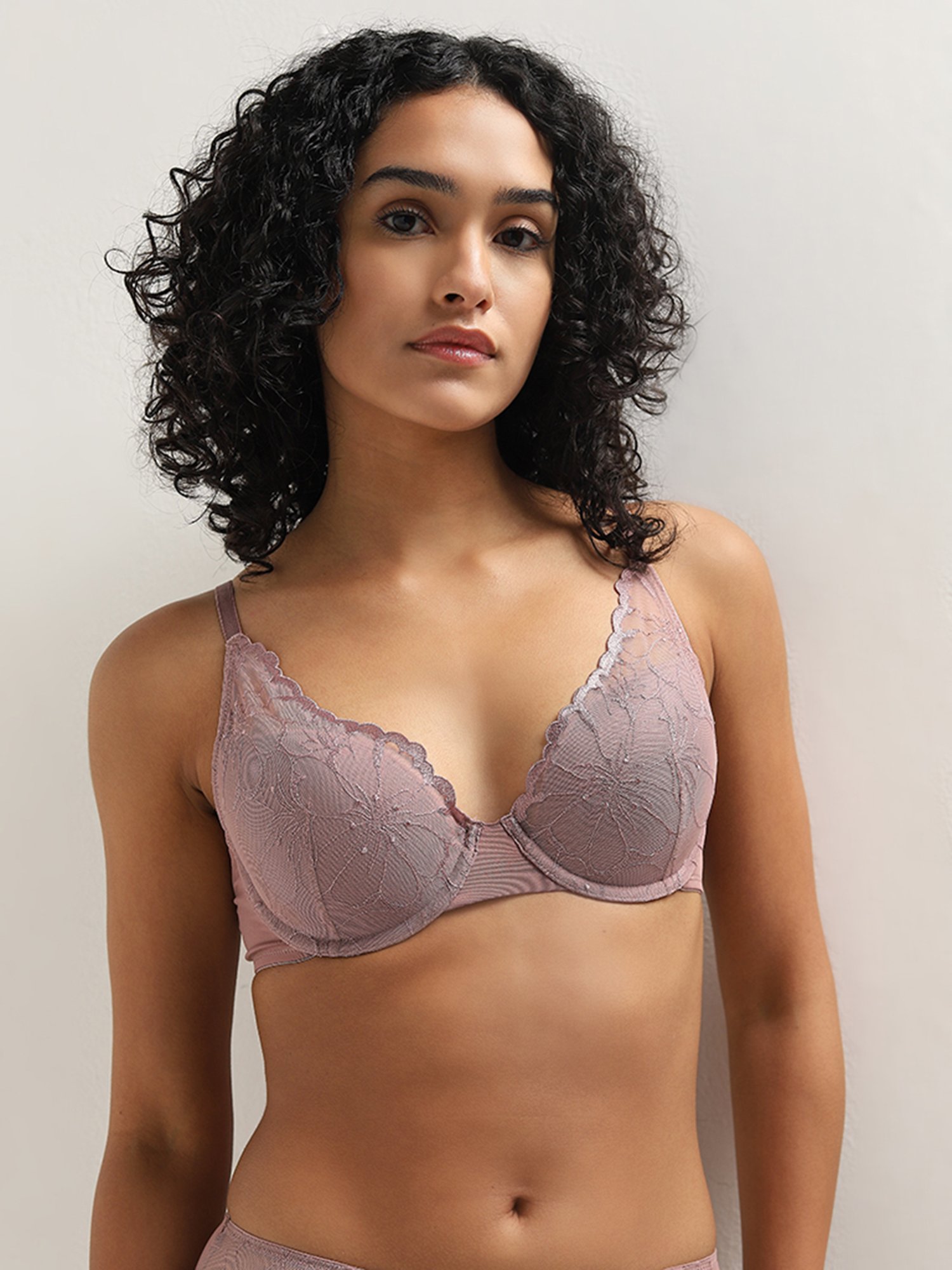 Wunderlove by Westside Mauve Floral Embroidered Plunge Wired Bra
