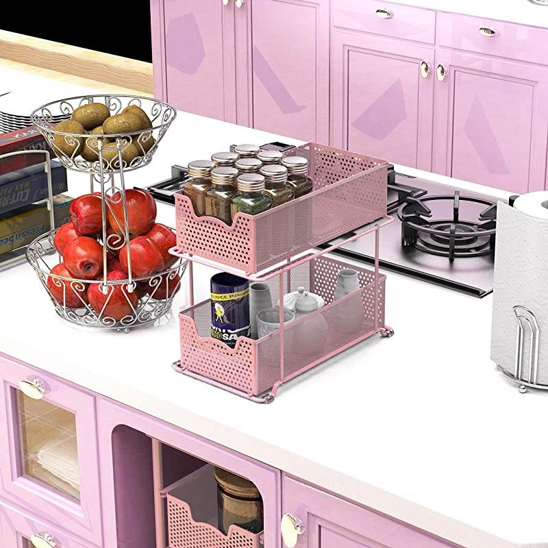 2 Tier Sliding Cabinet Basket Organizer Drawer, Bronze