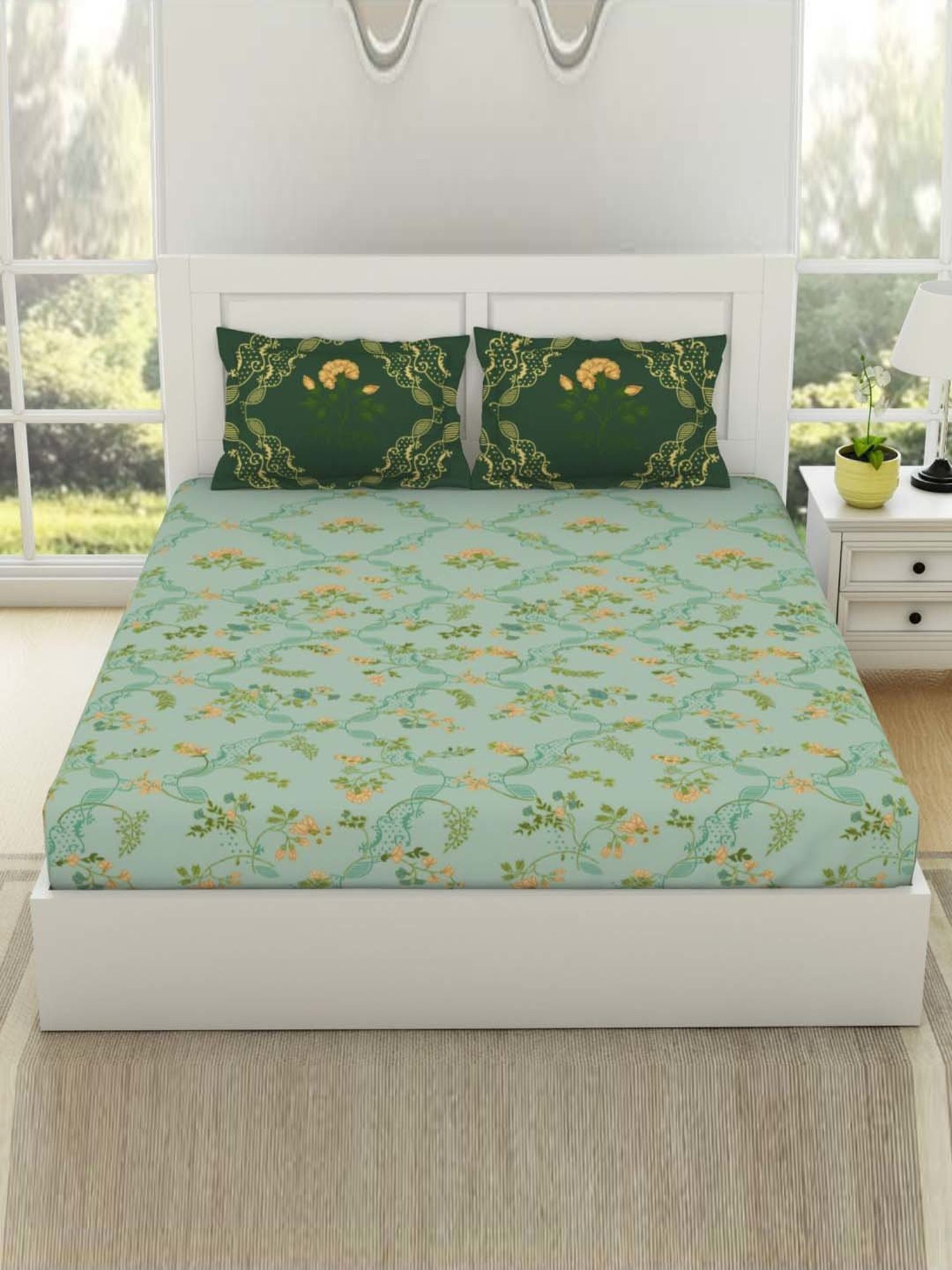 SPACES Lattice Bay Cotton 144 TC Large King Size Bedsheet With Pillow Covers