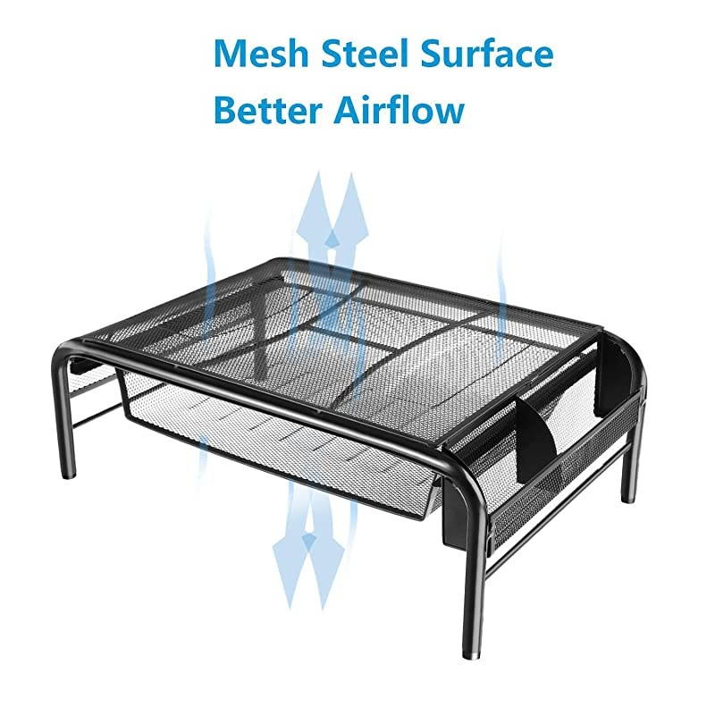 Metal Monitor Stand - Monitor and Printer Desk Riser with Pull Out Storage Drawer and Side Compartment Pockets - Holds up to 44lbs, Black - for Computers, Laptops, Printers (1 Pack)