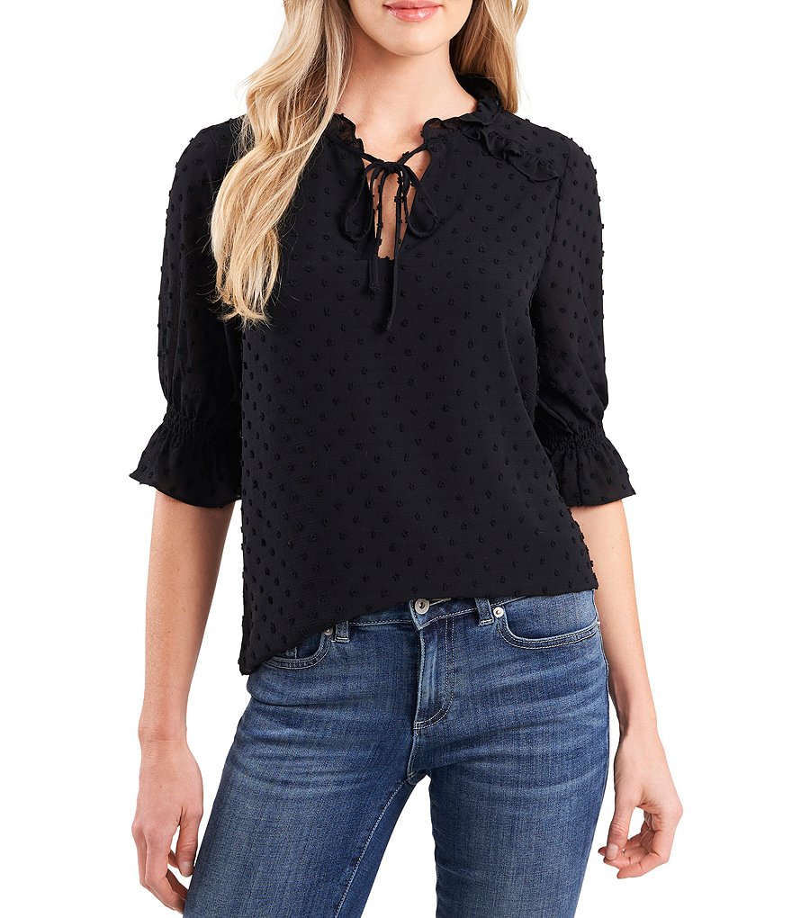 CeCe Split Neck Elbow Sleeve Clip Dot Chiffon Blouse