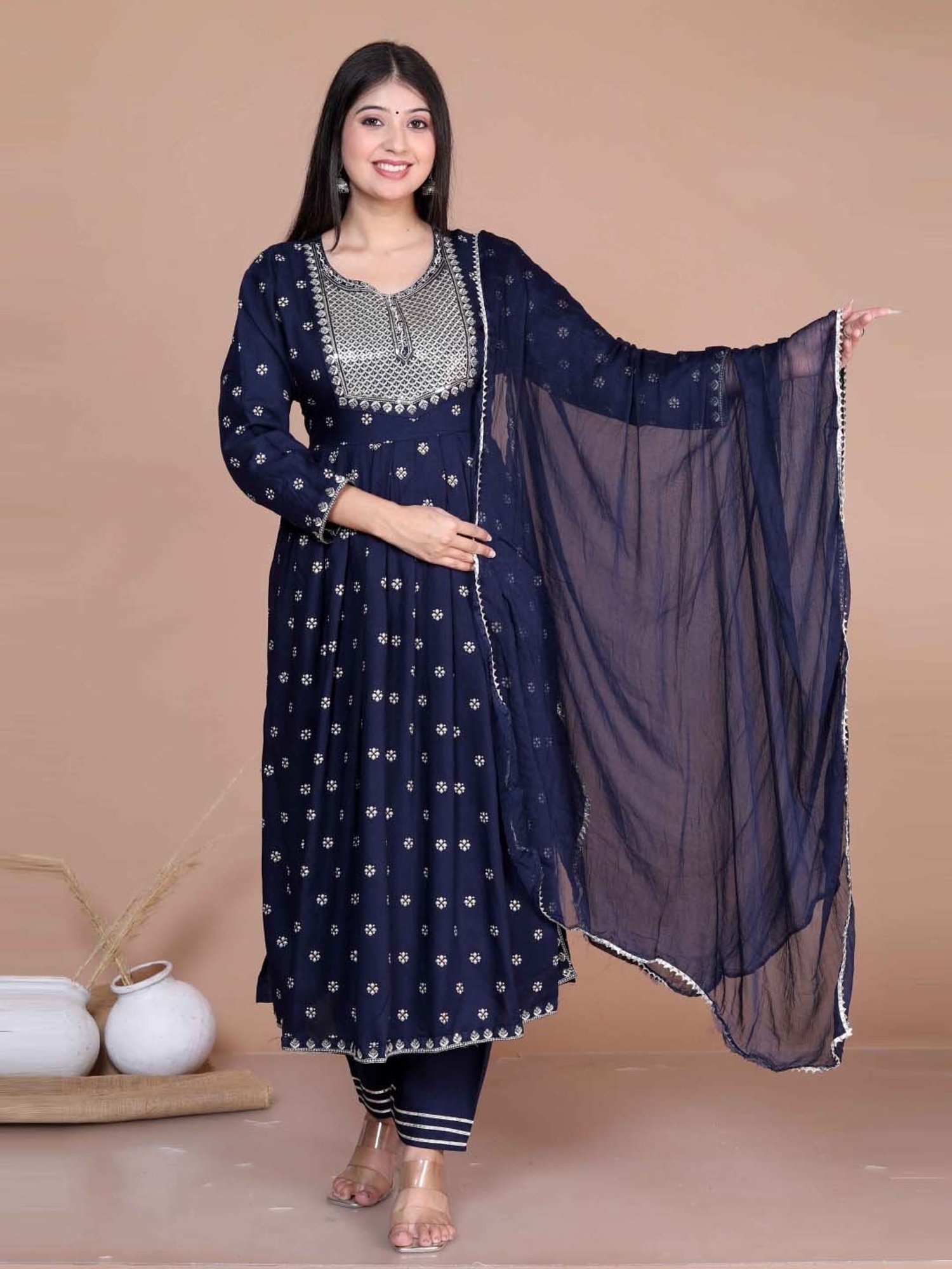 Miravan Blue Embroidered Kurta Pant Set With Dupatta