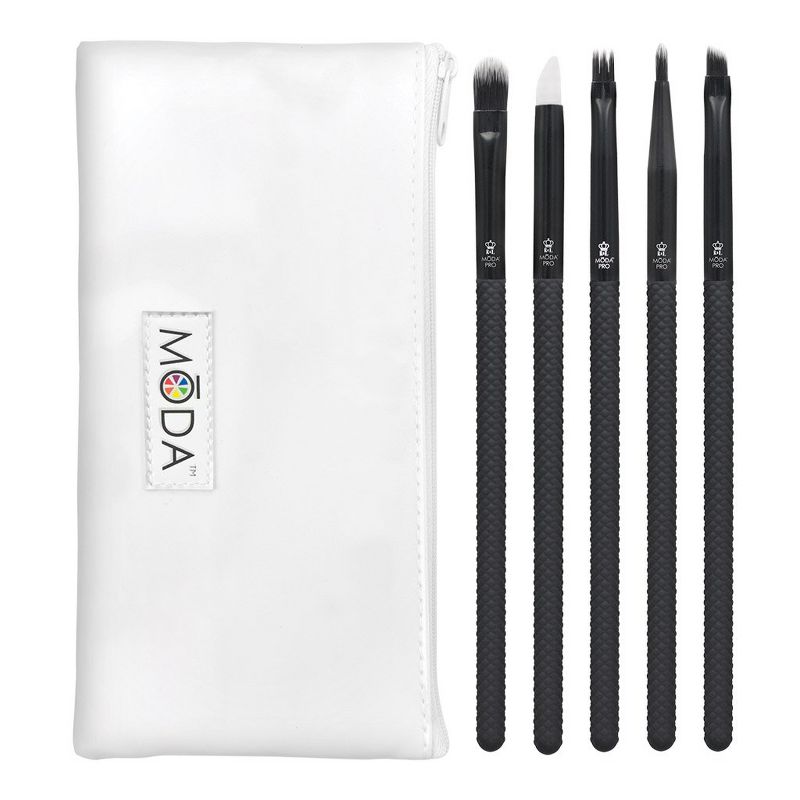 MODA Brush Pro 6pc Graphic Eye Black Makeup Brush Set with Zip Case, Includes - Concealer, Glam Topper, Wisp, and Angled Liner Brushes