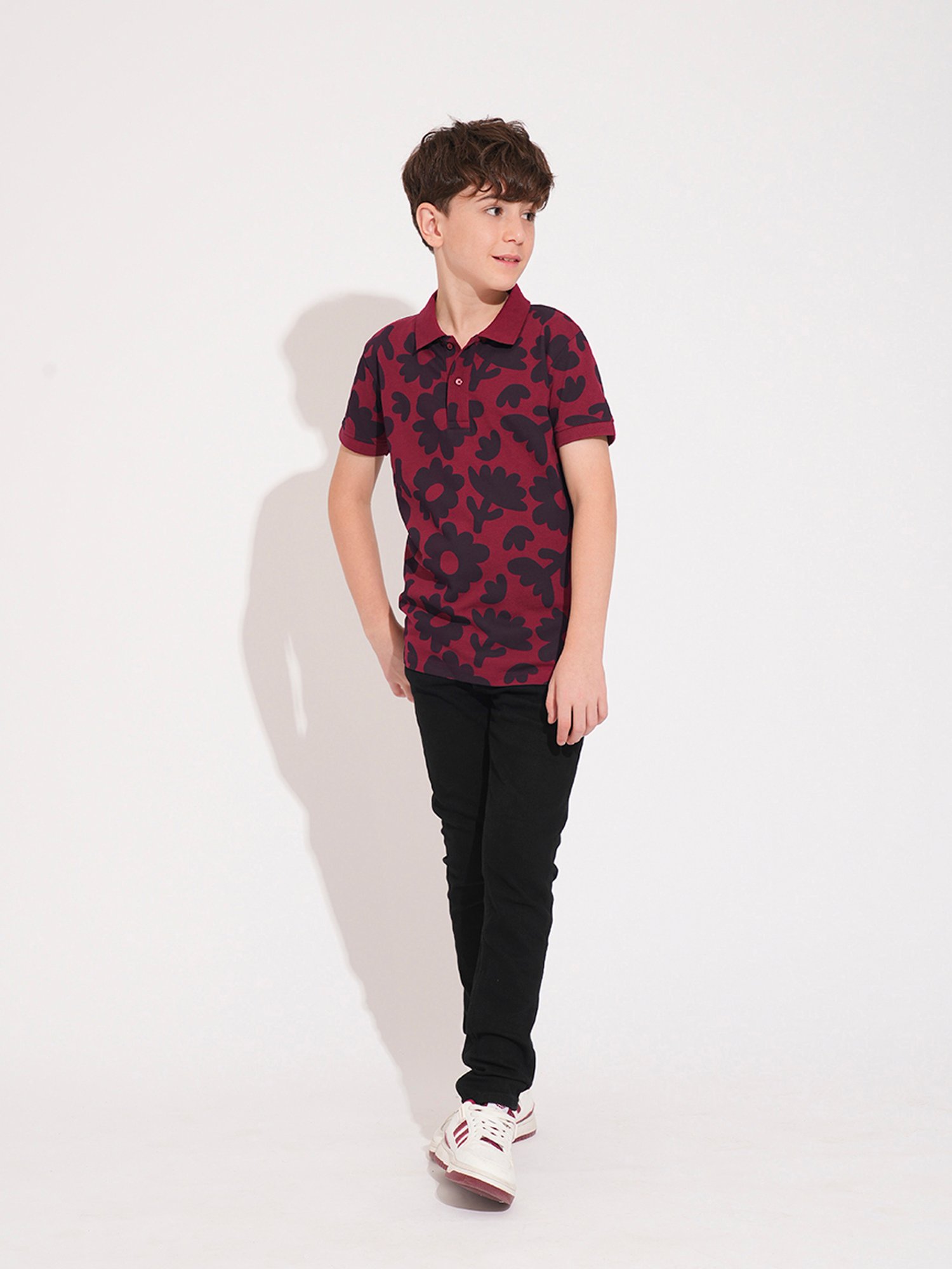 Jack & Jones Junior Boys Maroon Cotton Floral Print T-Shirt