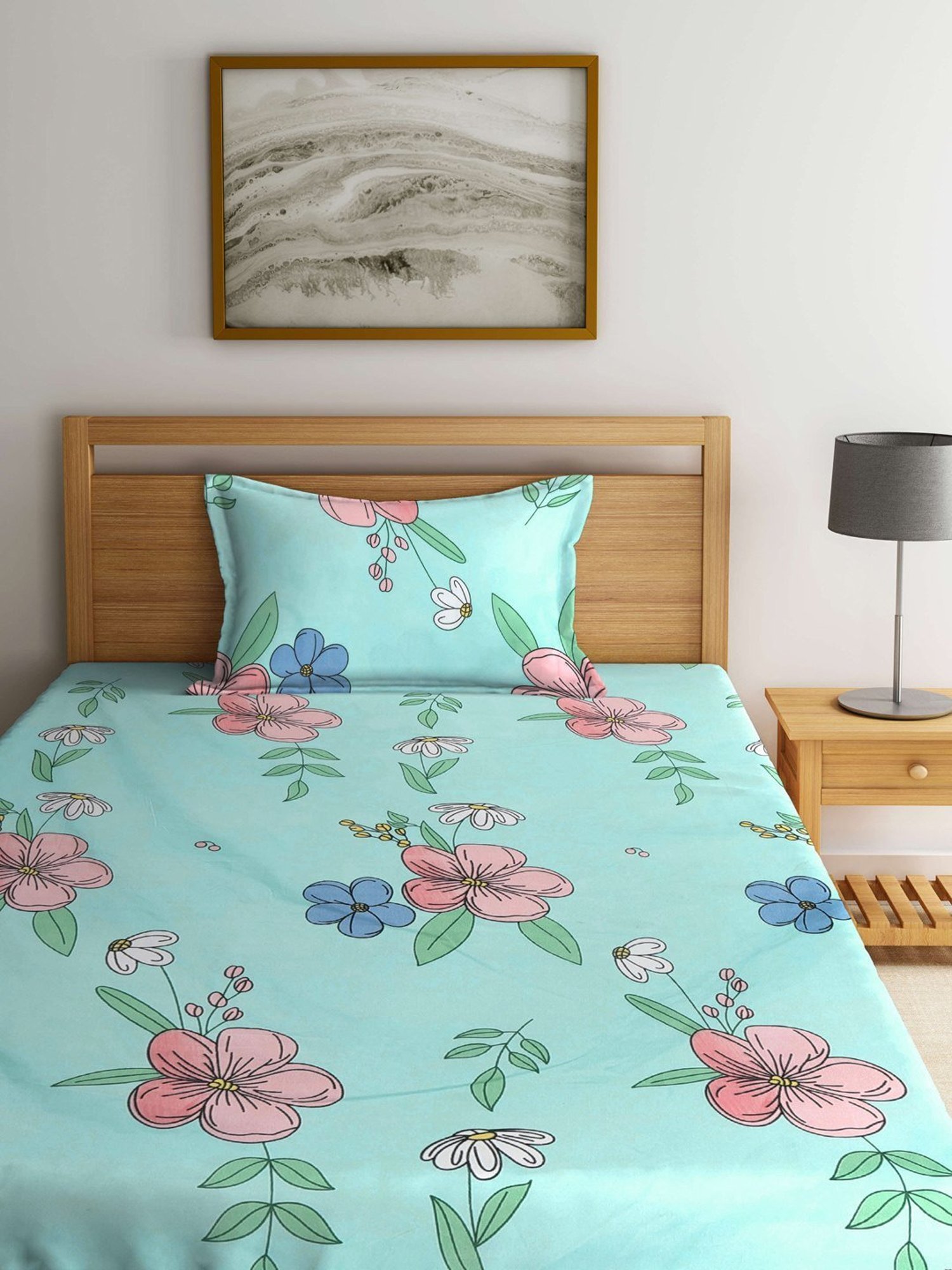 Klotthe Floral Turquoise Green 300 TC Cotton Blend Single Bed Sheet with Pillow Cover
