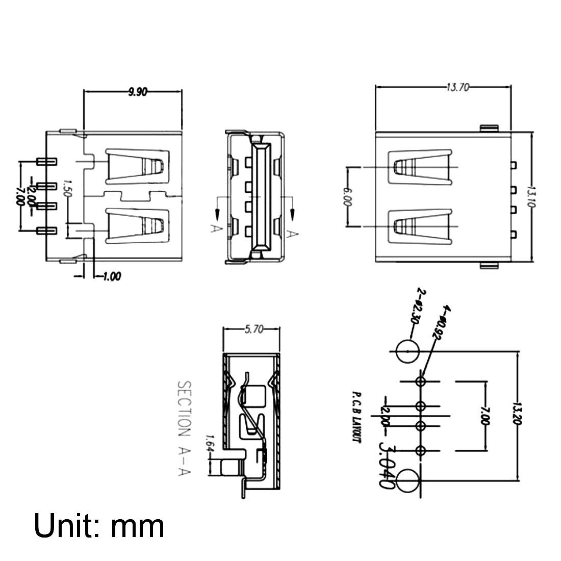 PCB USB Connector A Type Female Jack Plug Back Insert SMT 10pcs