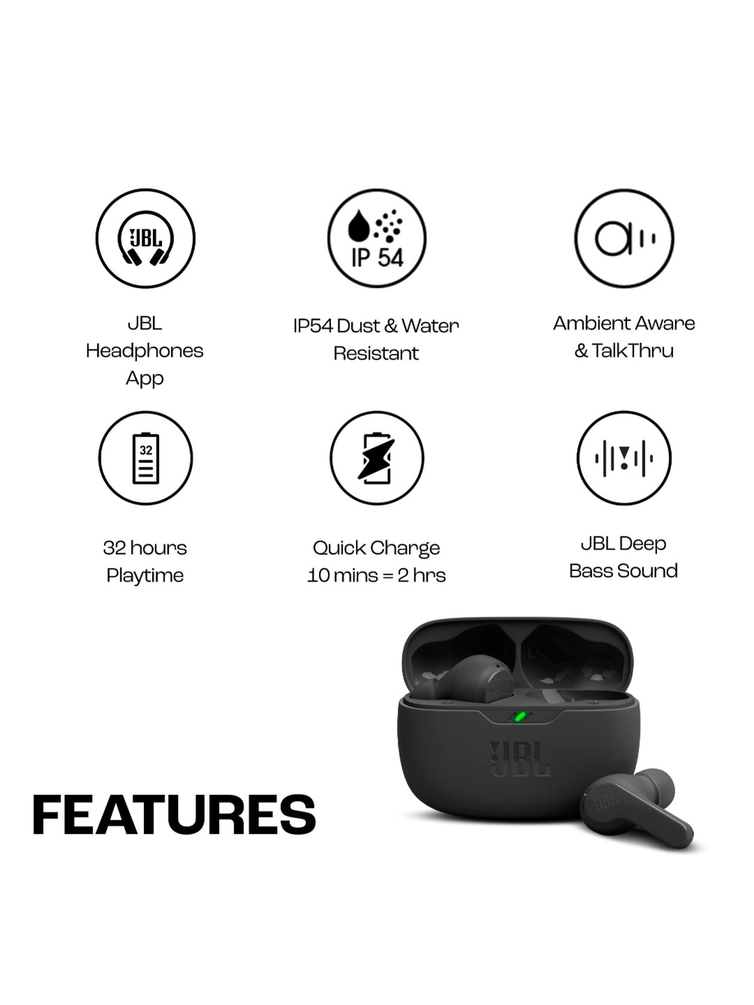 JBL Wave Beam in-Ear  with 32H Battery & Ip54 Water Resistance (Black, True Wireless)