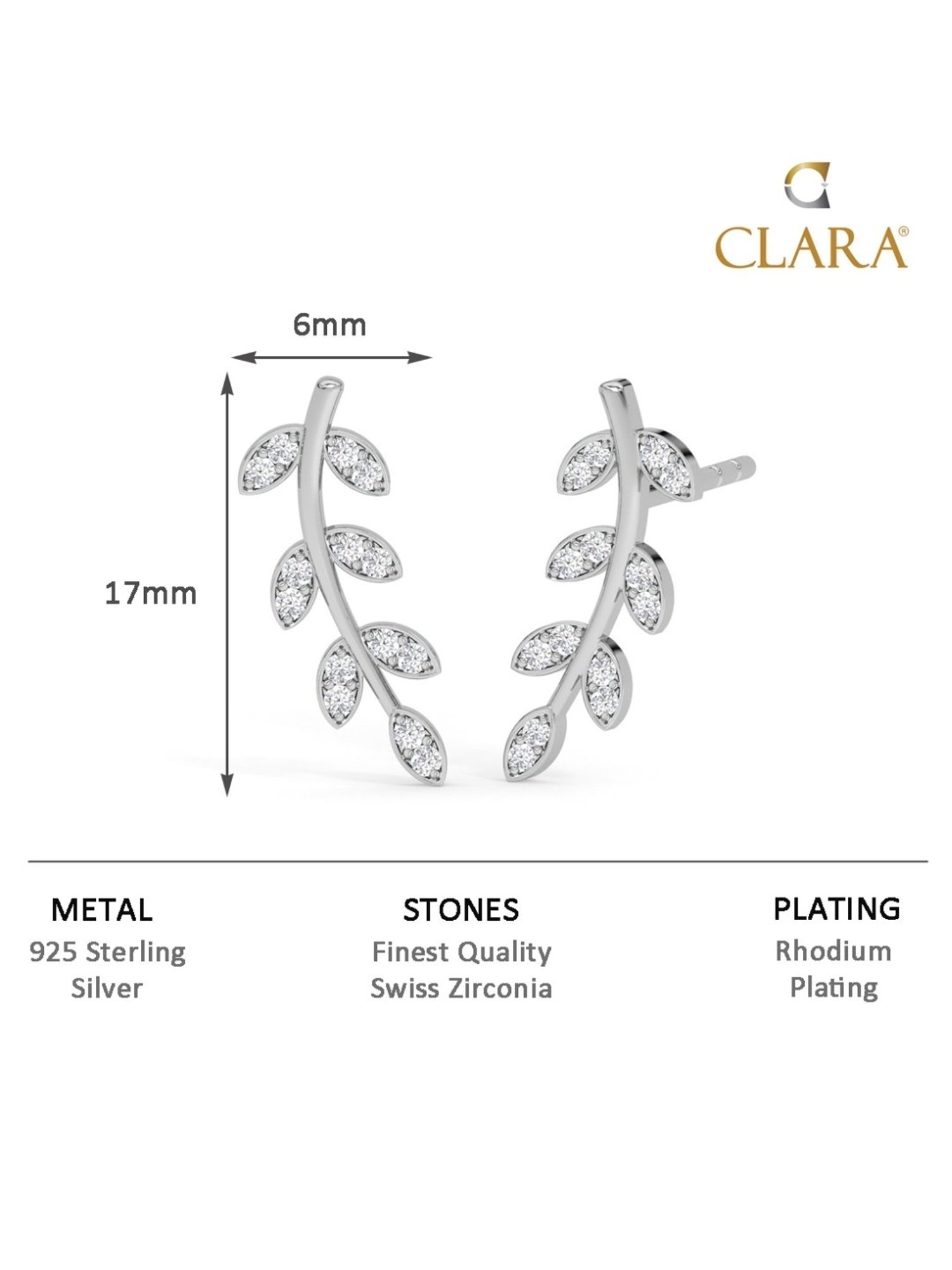 Clara 92.5 Sterling Silver Rhodium-Plated Swiss Zirconia Leaf Ear Cuff Earrings for Women & Girls