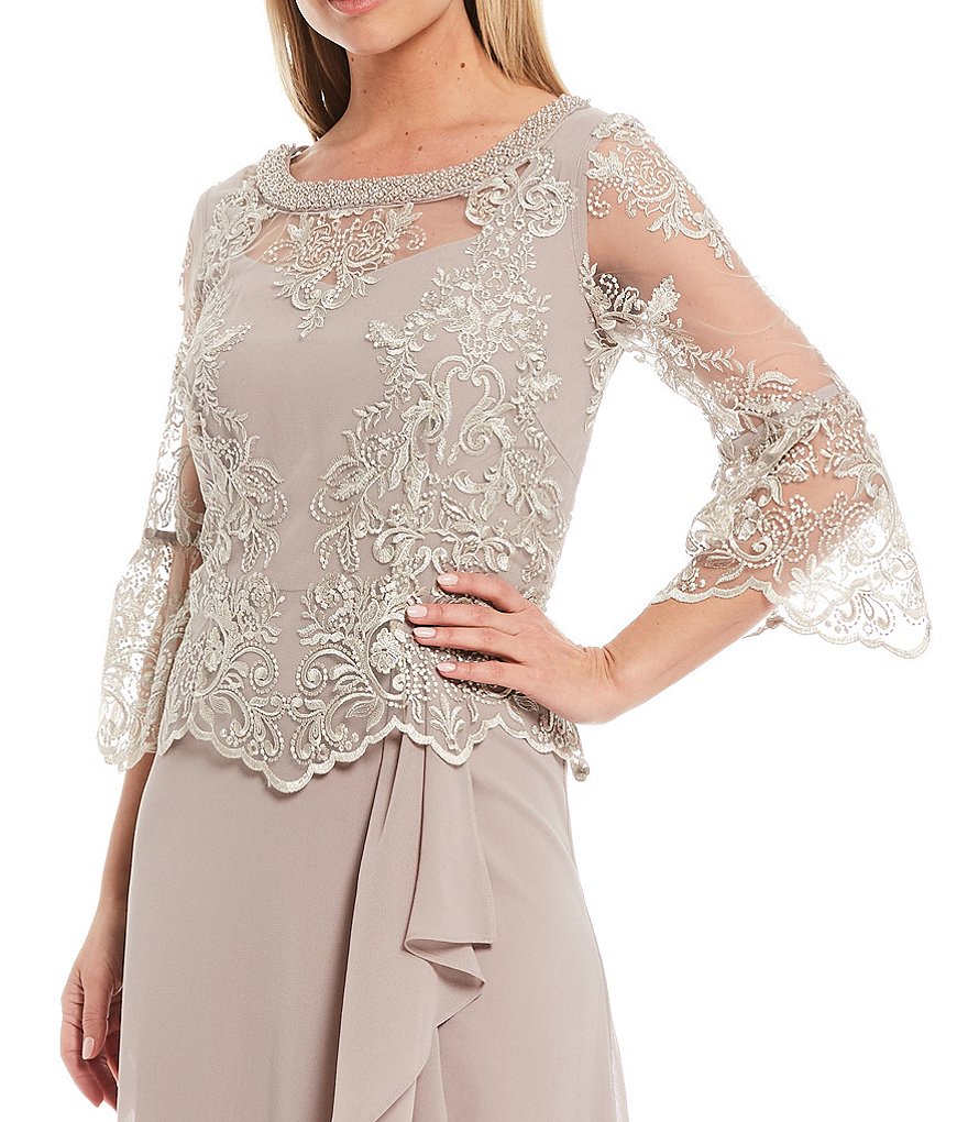 Le Bos A-Line 3/4 Bell Sleeve Lace Popover Cascade Long Gown