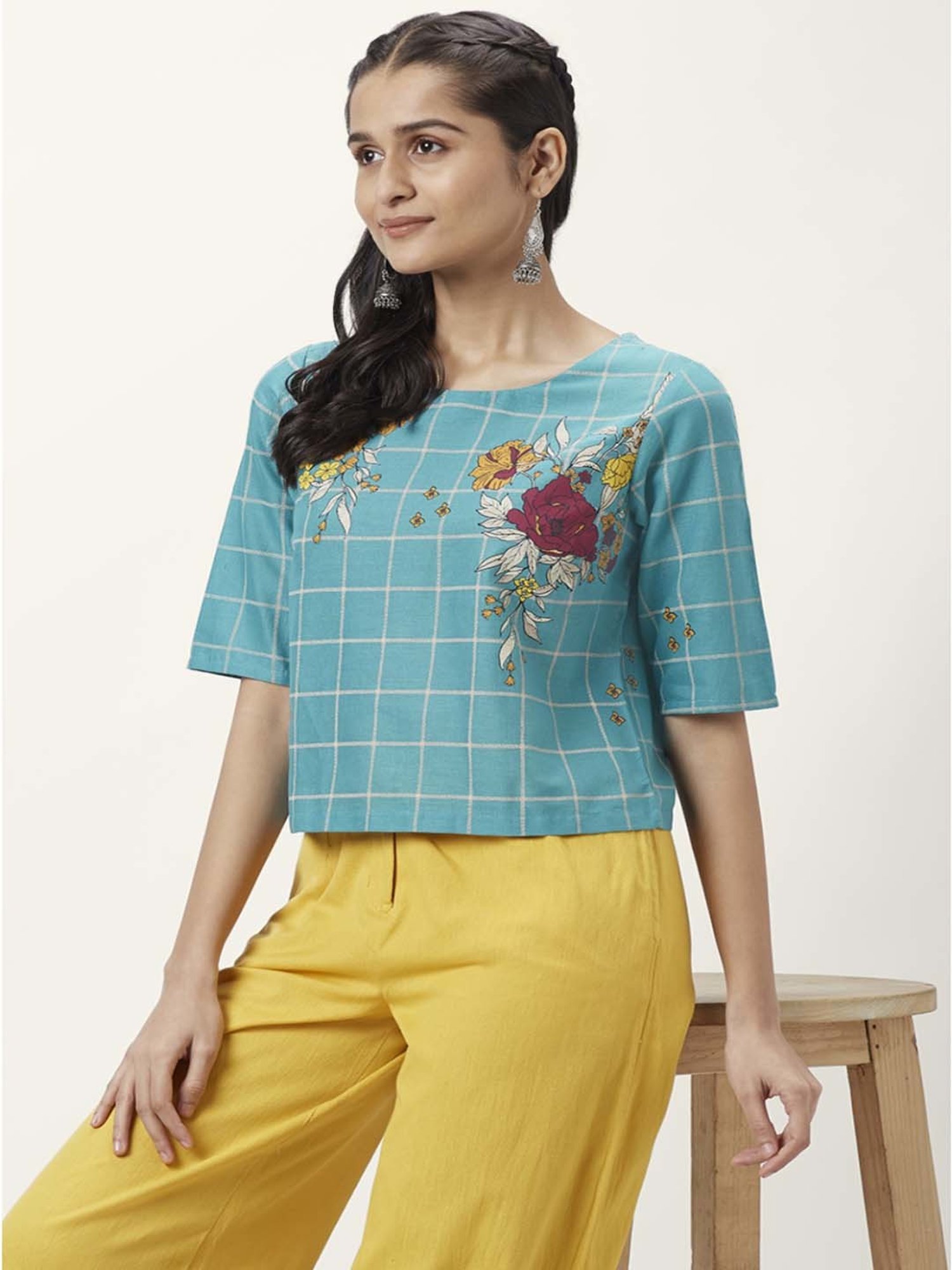 Akkriti by Pantaloons Blue Cotton Floral Print Top