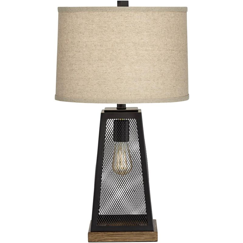Franklin Iron Works Industrial Artisan Table Lamp with Nightlight LED USB Port Metal Mesh Burlap Shade for Living Room Bedroom