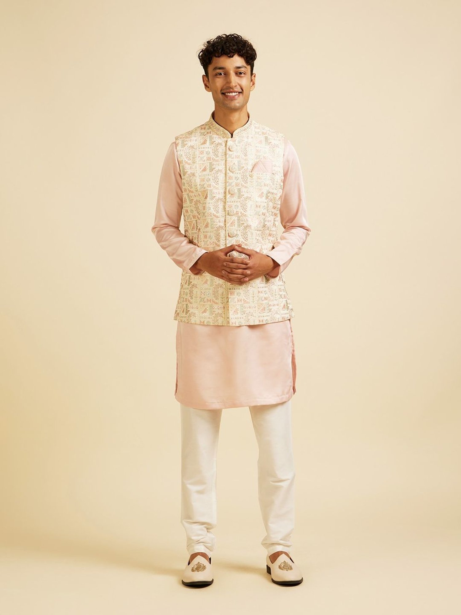 Manyavar Cream Satin Regular Fit Printed Nehru Jacket