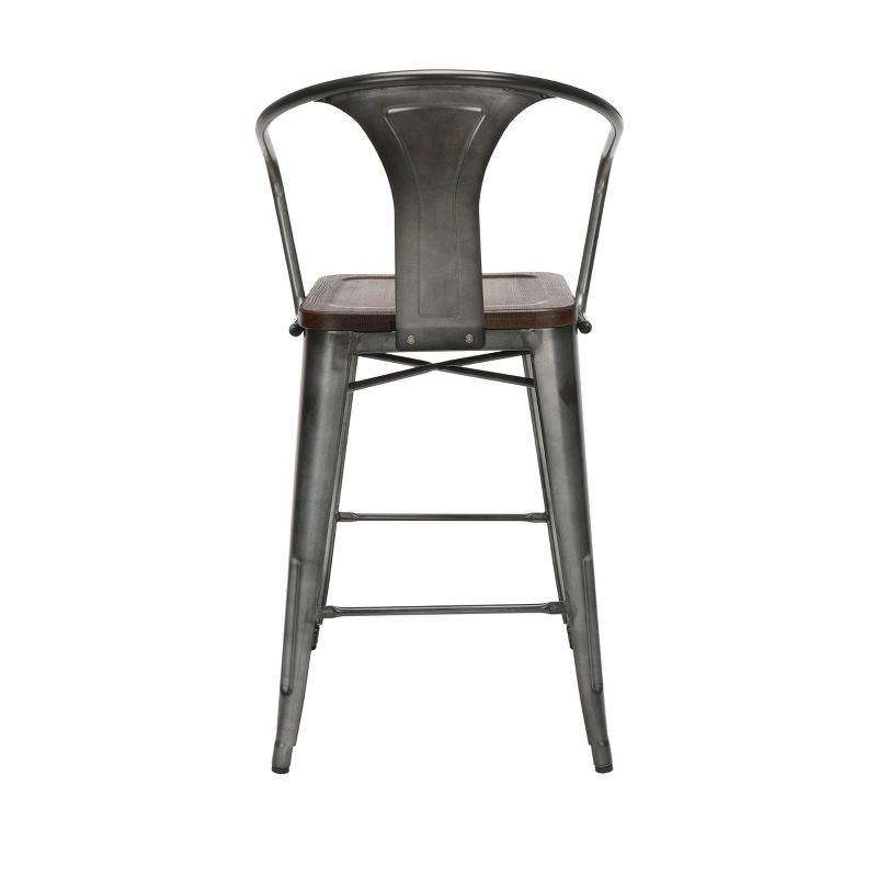 Set of 4 26" Industrial Modern Mid Back Galvanized Steel Counter Height Barstool with Arms and Solid Ash Wood Seats Gunmetal/Walnut - OFM