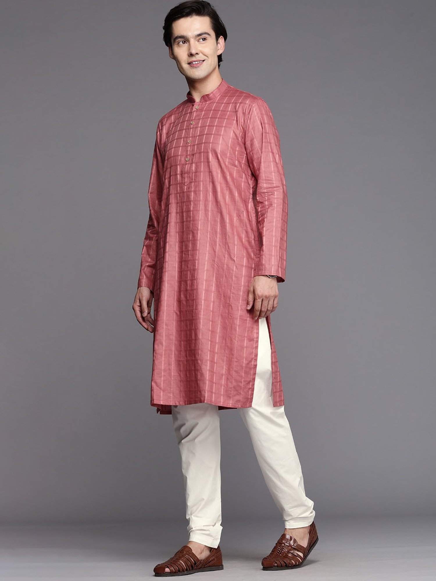 Manyavar Rust & Light Cream Regular Fit Self Design Kurta & Pyjamas Set