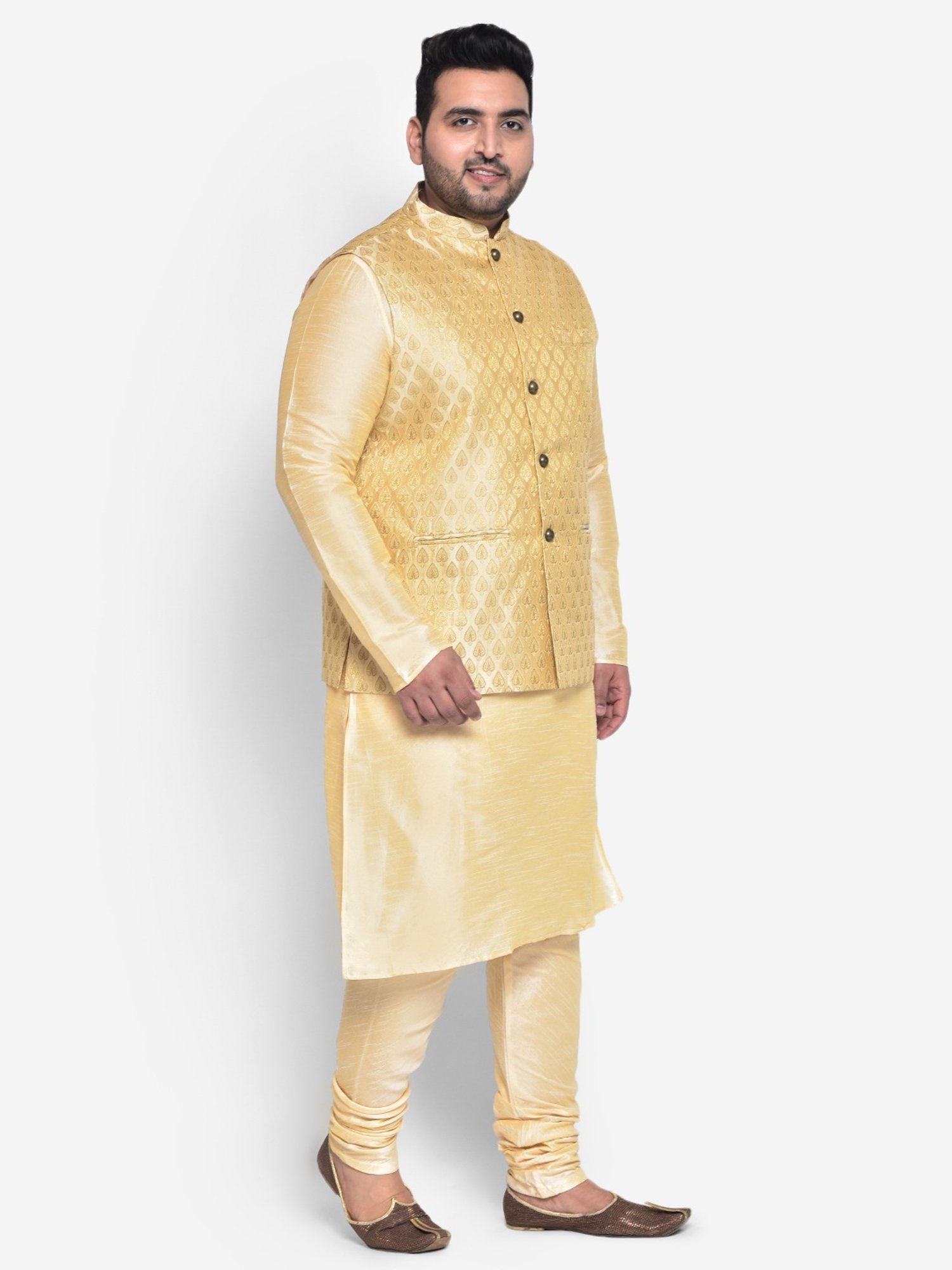 KISAH PLUS Beige Regular Fit Jacquard Kurta Set With Jacket