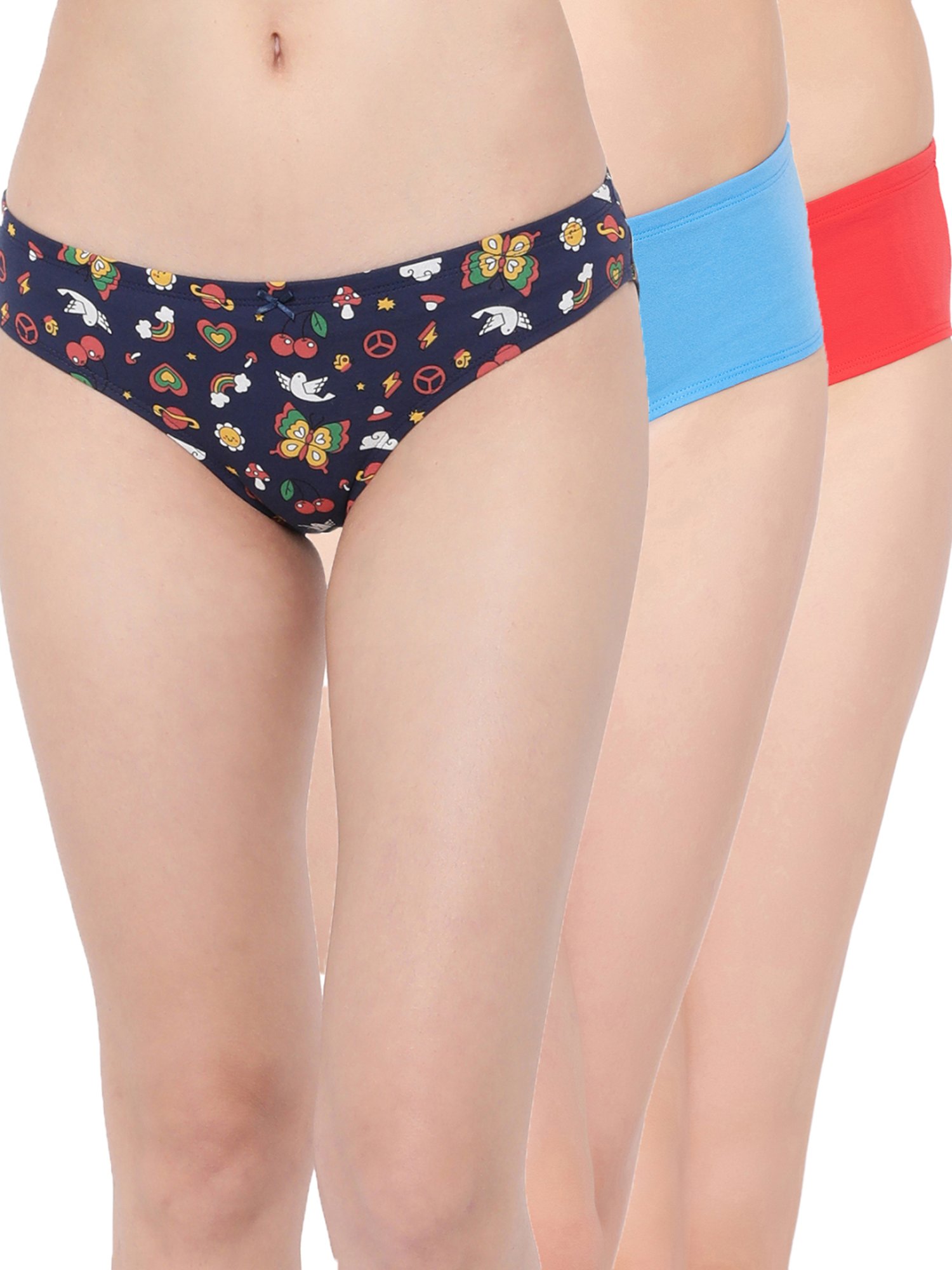 Clovia Navy & Red Cotton Printed Hipster Panties - Pack Of 3