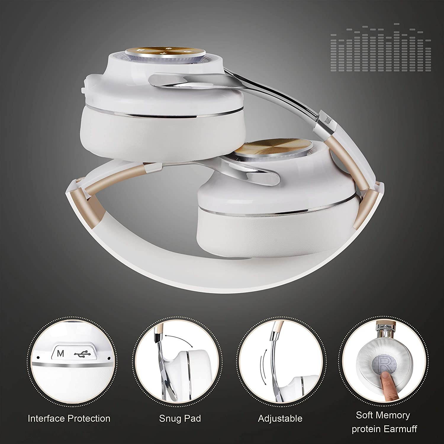 Bluetooth Headphones, Riwbox XBT-880 Wireless Bluetooth Headphones Over Ear with Microphone and Volume Control Wireless and Wired Foldable Headset for iPhone/iPad/PC/Cell Phones/TV (White&Gold)